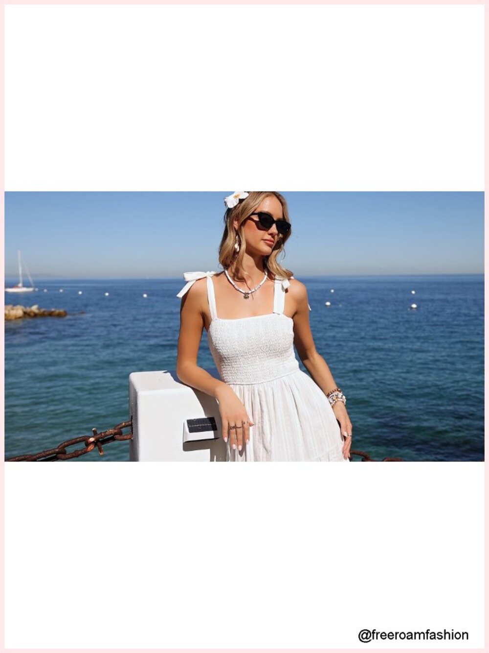 Smocked Boho Maxi Dress Tie Shoulder Sleeveless A-Line Beach Sundress - Picture 6 of 6